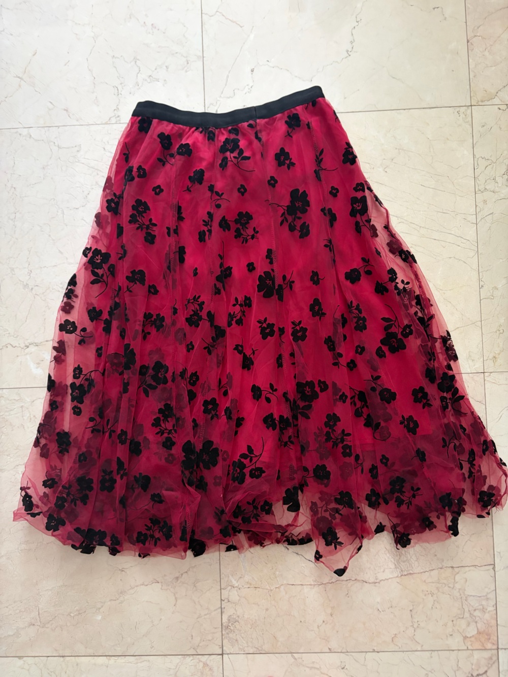 Chicwish Red Tulle Skirt with Black Floral Appliqué - Picture 2 of 8